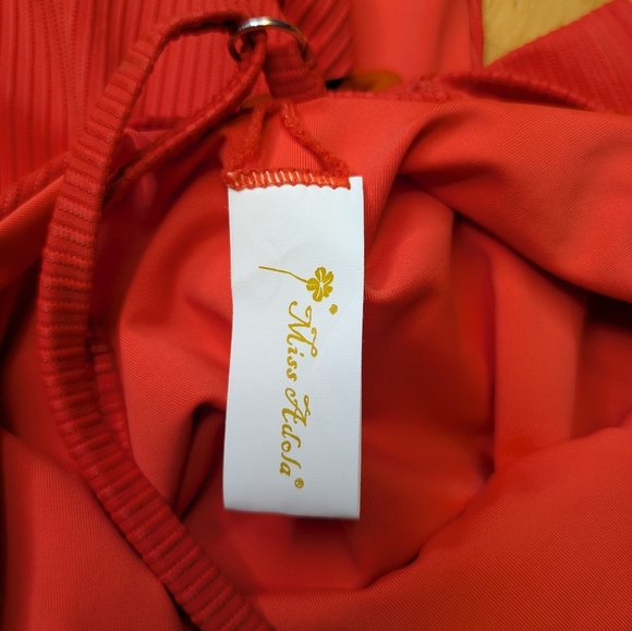 2/$25-Miss Adola Ribbed T-back One Piece Orange/Red Lower Back Belt Cinch Vneck - Picture 7 of 8
